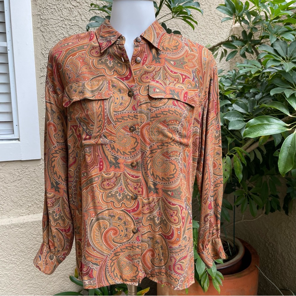 Vintage multicolored Liz Claiborne rayon button down blouse - Picture 2 of 12